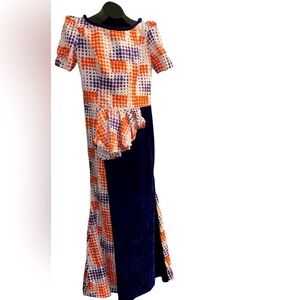 Vintage blue velvet pattern Maxi party dress Sz XL